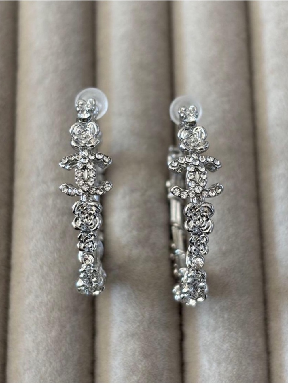 CHANEL Silver Floral Crystal Hoop Earrings